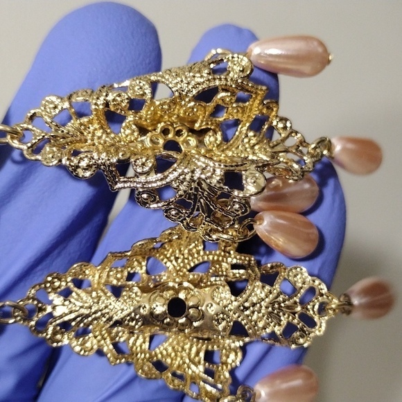 Women's Gold-tone Filigree Design 3.5" Long Beaded Drop Dangle Earrings, #6 - Picture 5 of 5